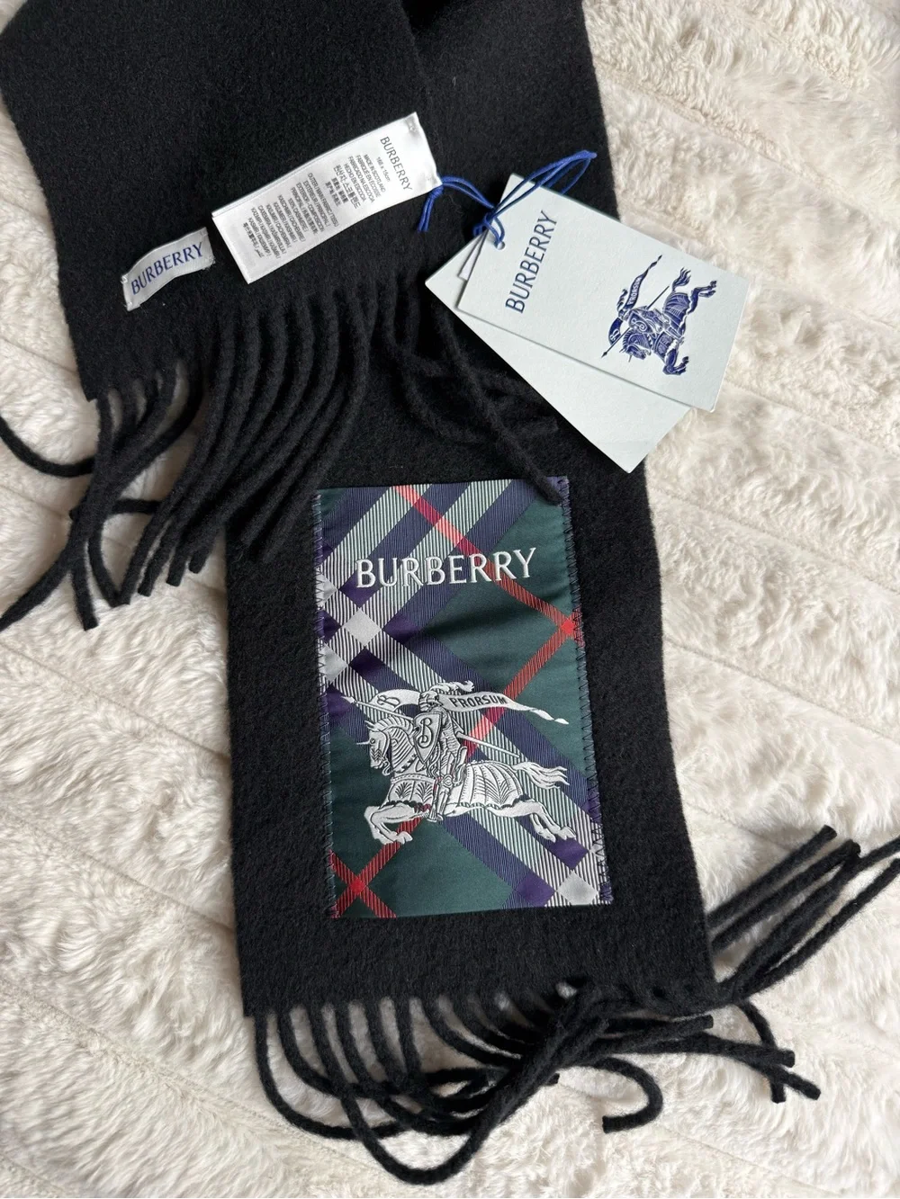 Burberry Equestrian Knight Detail Cashmere Fringe Scarf BLACK NWT